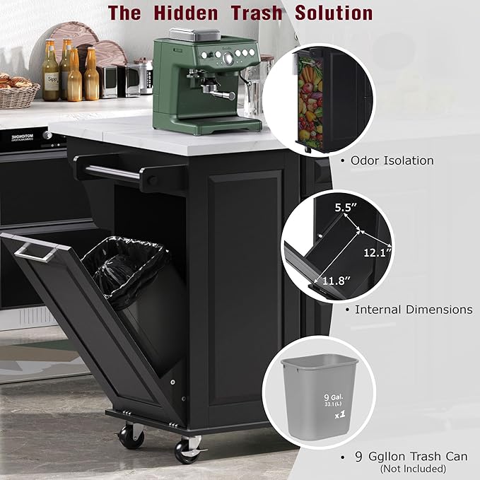 50.7" Mobile Kitchen Island with Storage Tilt Trash Can Cabinet and Pull Out Cabinet Organizer, Movable Rolling Island on 5 Wheels with Drop Leaf, 2 Drawers, 1Door for Kitchen, Dining Room (Black)