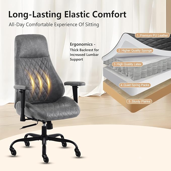 YFO Home Office Desk Chair High Back Office Rubber Chair Casters Ergonomic Computer Chair with Lumbar Support Adjustable Height Rolling Swivel Chair Executive Task Armrests, Grey Leather