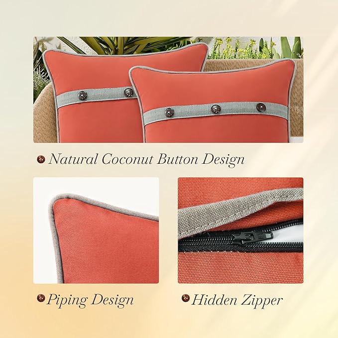 Outdoor Sunbrella Decorative Pillows with Triple Coconut Buttons Pack of 4, 18" x 18" Outdoor Pillow Set for Couch Bed Throw Patio Sofa, Canvas Melon/Cast Ash