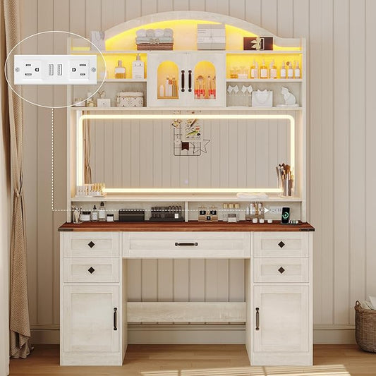 Farmhouse Makeup Vanity with Mirror and Lights 3 Colors, 76.8" Vanity Desk with 5 Drawer,Storage Cabinets,LED Light,Dressing Table with Power Outlets, Storage Shelves,Antique White