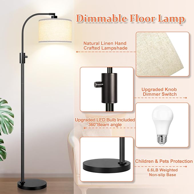 [Upgraded] Dimmable Black Floor Lamp, 1200 Lumens LED Edison Bulb Included, Arc Floor Lamp for Living Room Modern Standing Tall Floor Lamps with Linen Shade for Bedroom Office Reading Room Nursery