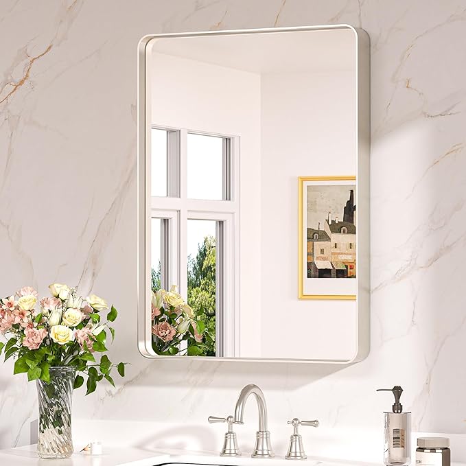 Keonjinn 22 x 30 Brushed Nickel Bathroom Mirrors for Over Sink, Rounded Rectangle Bathroom Vanity Mirror, Brushed Silver Framed Farmhouse Mirror, HD Tempered Glass Wall Mirror(Horizontal/Vertical)