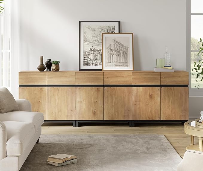 WAMPAT Modern TV Stand for 75-110 Inch TVs, Wooden Entertainment Center Console With Metal Base and Adjustable Shelves for Living Room, Bedroom, 94.5 Inch, Oak