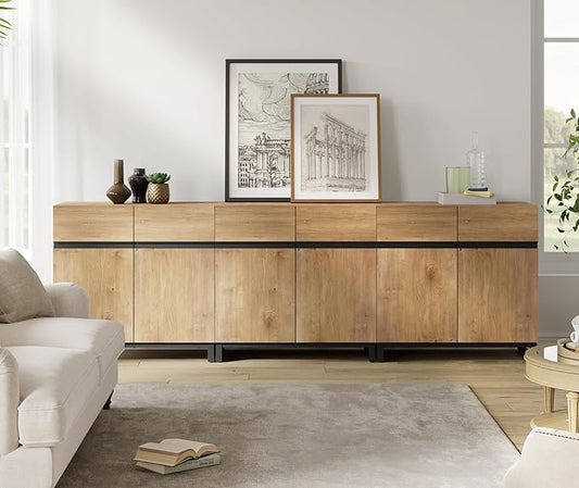 WAMPAT Modern TV Stand for 75-110 Inch TVs, Wooden Entertainment Center Console With Metal Base and Adjustable Shelves for Living Room, Bedroom, 94.5 Inch, Oak