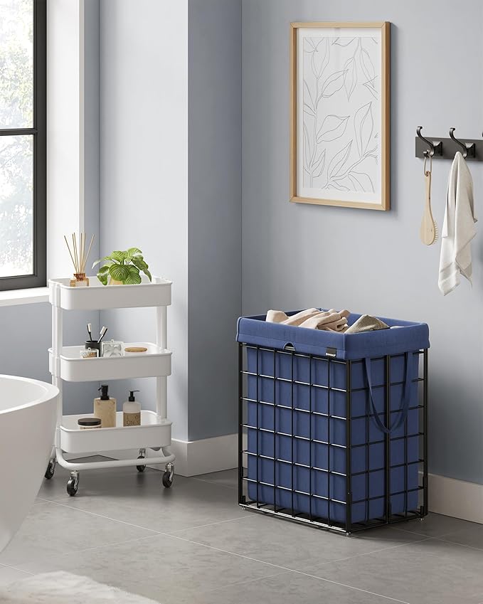 SONGMICS Laundry Hamper, 23.8 Gal. (90L) Laundry Basket, Collapsible Clothes Hamper, Removable and Washable Liner, Metal Wire Frame, for Bedroom Bathroom, Black and Charcoal Blue ULCB190Q01