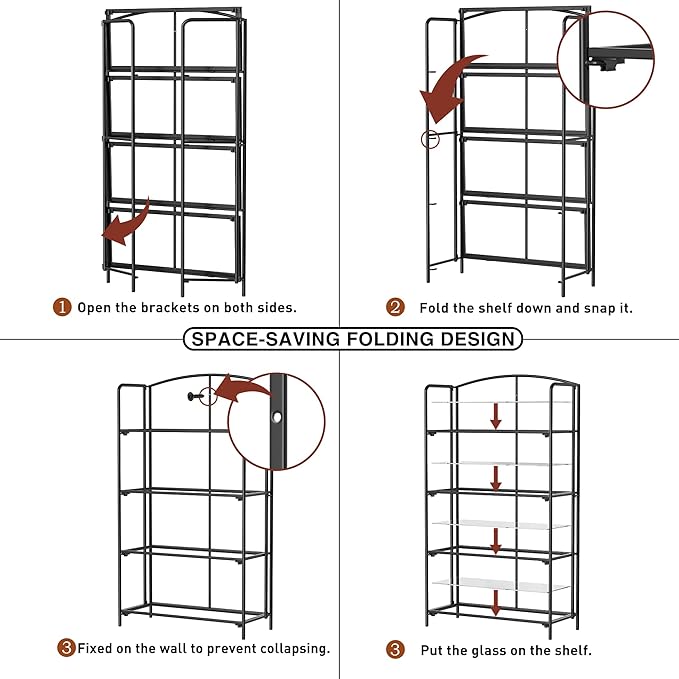 Crofy No Assembly Folding Bookshelf for Living Room, 4 Tier Black Collapsible Book Shelf for Home Office, Portable Bookcase Storage Organizer