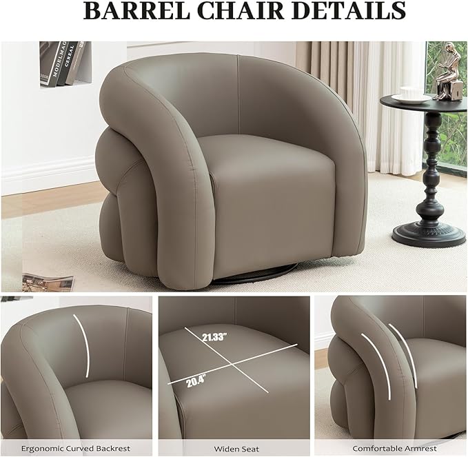 34.6" W Swivel Accent Chair, Modern Round Faux Leather Armchair for Living Room,Upholstered Comfy Sofa Chairs for Bedroom Reading Apartment Lounge,Fully Assembled(Grey)