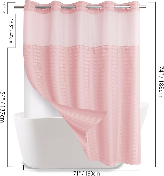 Conbo Mio No Hook Shower Curtain with Snap in Liner Set, Hotel Luxury Pink Shower Curtains for Bathroom with See Through Top Window, Waterproof, Washable 71W x 74H