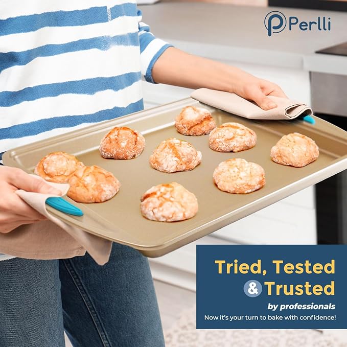 Perlli Baking Kit: Nonstick Gold Steel Oven Set - 10 Pieces, Cookie Sheets, Cake Pans, 9x13Pan with Lid, Loaf & Deep Pans, Pizza Crisper, Muffin Pan - Silicone Handles
