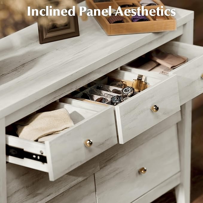 7 Drawers Dresser with Beveled Panel for Bedroom, Farmhouse Chest of Drawers, Mid Century TV Stand Closet Storage Furniture for Hallway, Living Room, Entryway, White