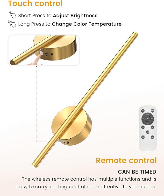 NIORSUN 15.7 Inch Battery Operated Wall Sconce Set of 2, Gold Minimalism Rechargeable Wall Lights with Remote, 3CCT Dimmable Wireless Wall Lamp for Living Room Bedroom Hallway