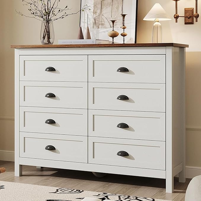 White Dresser for Bedroom, Farmhouse 8 Drawer Dresser, Wide Chest of Drawers with Metal Handles, Modern Wood Double Chest for Bedroom, Living Room, Hallway