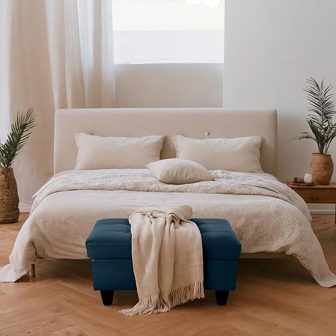 Ottoman Rectangular Storage Ottoman Bench, Faux Leather Footrest, Coffee Table, Stool Footstool with Hinged Lid for Living Room, Bedroom, Entryway, Dark Blue, 35"x23.5"x17.5"