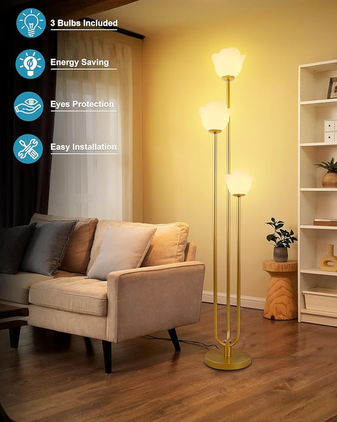 Lightdot 63IN Floral Floor Lamp 3-Lights Flower LED Floor Lamps with 3000K Warm White Bulbs with Candle Holder Style for Wedding Party Modern Gold Tall Floor Lamp for Living Room/Bedroom