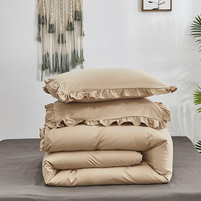 Luxlovery Champagne Ruffle Comforter Set Twin Light Khaki Bedding Comforter Farmhouse Shabby Beige Friange Quilts Blanket Soft Breathable Vintage Rustic Bedding Comforter Set for Women Men