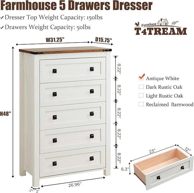 T4TREAM Farmhouse 5 Drawers Dresser Chests for Bedroom, Wood Rustic Tall Chest of Drawers, Dressers Organizer for Bedroom, Living Room, Hallway, Antique White