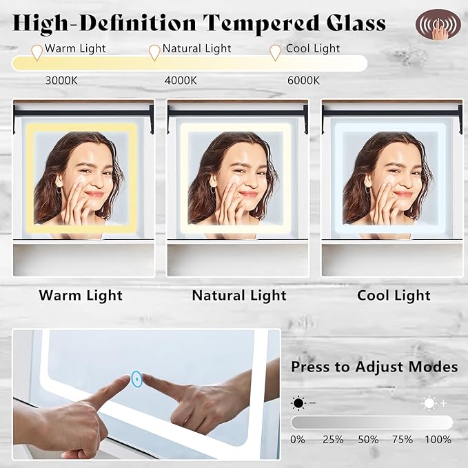 AMERLIFE 47.2" W Farmhouse Makeup Vanity Desk with Sliding Mirror, Vanity Set with Stool & Charging Station & 3 Brightness Lights, Glass Desktop, Ample Storage, Antique White