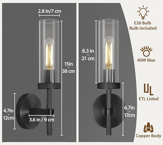 Black Wall Sconces Set of Two, 14" Bathroom Vanity Sconce Light, Glass Tube Wall Sconces, Sconces Wall Lighting Indoors, Wall Lights for Mirror, Living Room, Bedroom, Hallway (including bulb)