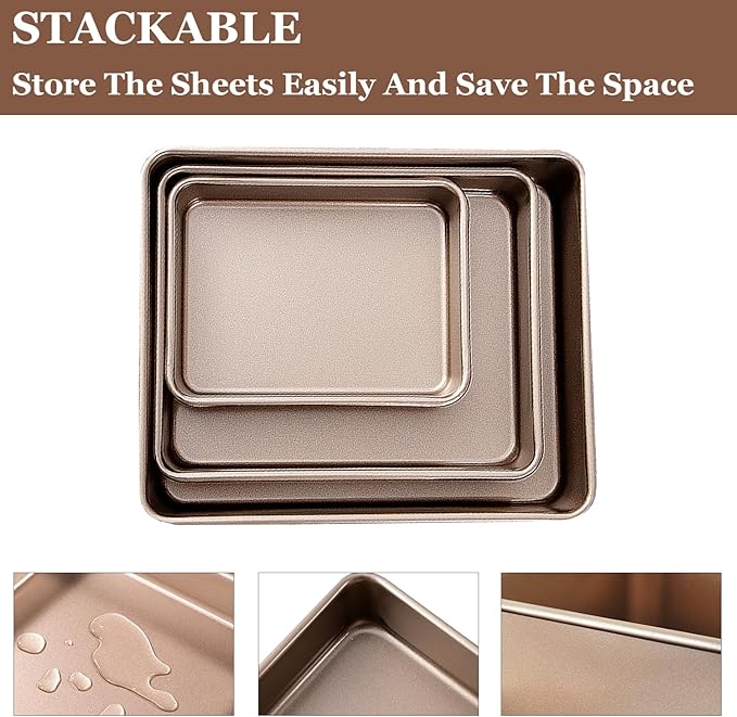 Set of 3 Baking Pans Set, Deep Size Baking Pan Nonstick Cookie Sheet Cake Pan Bread Pan Toaster Oven Tray Bakeware, 9,11,13 inch (Gold)