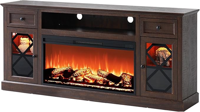 AMERLIFE Farmhouse 70" Fireplace TV Stand with 37" Fireplace, Large LED Media Entertainment Center for 80" TVs, 31" Tall Highboy TV Console Cabinet with Diamond Door for Living Room, Espresso