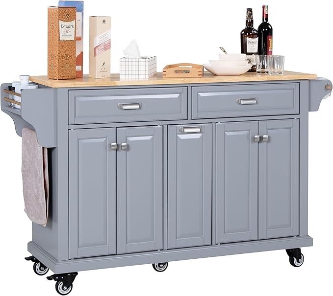 Cambridge Rolling Kitchen Island on Wheels Utility Cart with Spice and Towel Racks and Rubber Wood Countertop, Storage Drawers, Door Cabinets, Gray