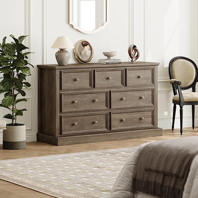 Farmhouse 7 Drawer Dresser for Bedroom, 55" Wide Wood Rustic Chest of Drawers for Bedroom, Storage Dressers Clothes Organizer for Closet, Living Room, Hallway, Dining Room(Rustic Brown)