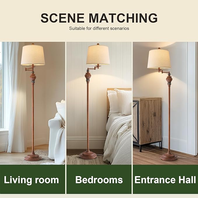 61" Vintage Floor Lamp with 350° Adjustable Swing Arm, Standing Lamp for Bedroom Living Room Bedside Tall lamp Nightstand Retro Farmhouse Mid Century Lamp Light Home Décor Office Gifts
