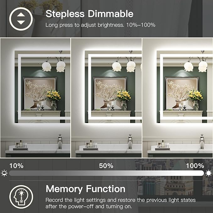 48"x40" LED Bathroom Mirror with Lights, Backlit & Front Lit, Anti-Fog Lighted Bathroom Vanity Mirror for Wall, Memory Function, Dimmable, HD Tempered Glass, Shatter-Proof