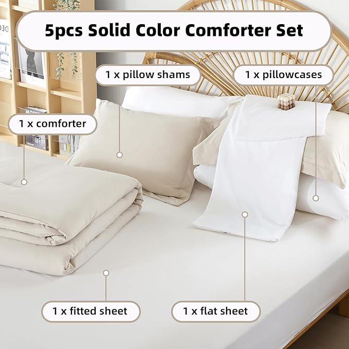 weigelia Twin Comforter Set 5 Pieces Beige Bed in A Bag Soft Queen Bedding Set Lightweight Comforter Set for Women and Men（Comforters, Flat & Fitted Sheets, Pillowcases & Shams）