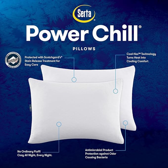 Serta Power Chill Cooling Soft/Medium Down Alternative Bed Pillows for Side, Stomach or Back Sleepers (2 Pack), King, White
