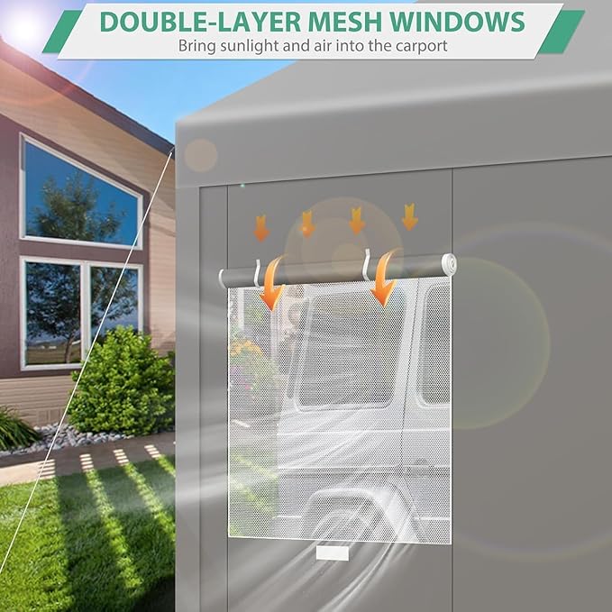 COBIZI Carport 12x20ft Heavy Duty Portable Garage, 2.0 Powder Coated Frame(Better Than Galvanized), Waterproof Shelter with Removable Sidewalls & Windows, Built-in Sandbags, for Car/Boat/SUV, Gray