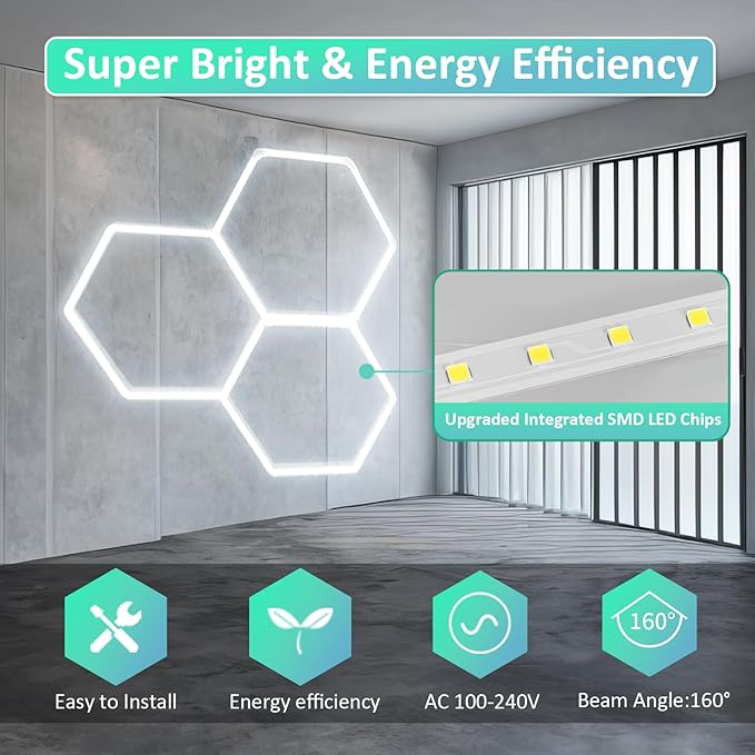Hexagon Lights: 16 Pack, 110W, 11,800 LM, 6,500K High Brightness Hexagon Garage LED Lights 3 Grid for Garage, Shopping Mall, Workshop and Car Detailing Shop etc