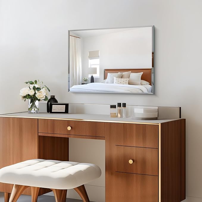 18x24 Beveled Mirror, Frameless Beveled Bathroom Mirrors for Wall, Upgraded Shatterproof Rectangle Vanity Mirror with Beveled Edge for Bathroom, Bedroom, Living Room and Entryway