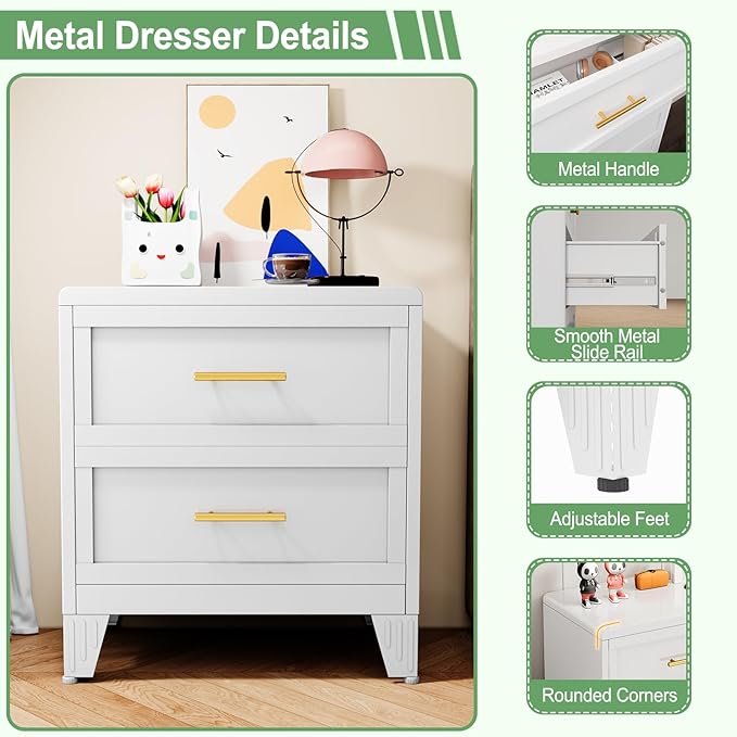 Metal Dresser Narrow Dresser for Bedroom Chest, 26.42" H Drawer Chest, Closet Dressers & Chests of Drawers for Living Room, Hallway (2 Drawers White 24inch Wide)