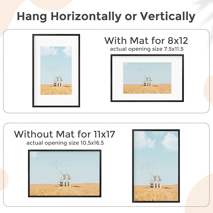 11x17 Metal Picture Frame for Wall With Mat for 8x12, 11''x17'' Aluminum Photo Frames With Tempered Glass for Home Decor, Minimalist Modern Poster Frame Horizontal And Vertical Formats, 3 PCs, Black