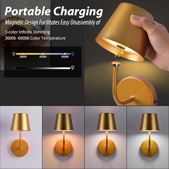 LED Wireless Wall Lamp Set of 2, with 5600mAh Rechargeable Battery Powered Wall Sconces, Touch for Remote Control Infinite Dimming Be Used for Bedroom Mirror Living Room Wall Painting(Gold)