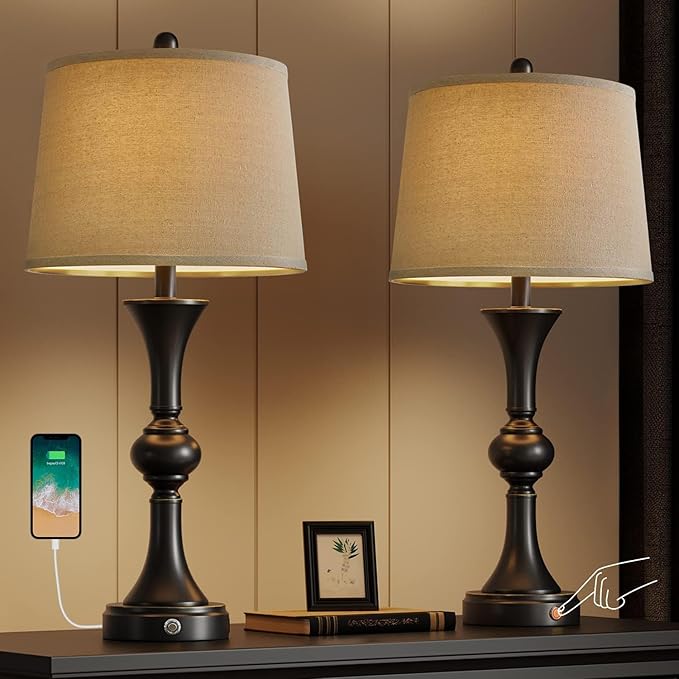 Oneach 28" Table Lamps for Living Room Set of 2, Bedside Lamps with 3 Way Dimmable Touch Lamps for Nightstand Bedroom Farmhouse Lamp End Table Lamp with USB Charging Port