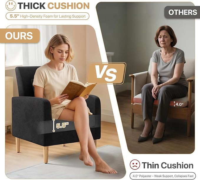 Magshion Mid-Century Accent Chair for Living Room, Comfy Reading Chair for Bedroom, Upholstered Linen Fabric Armchair Single Sofa with Back Pillow & Wood Legs, 300 lbs Capacity, Black