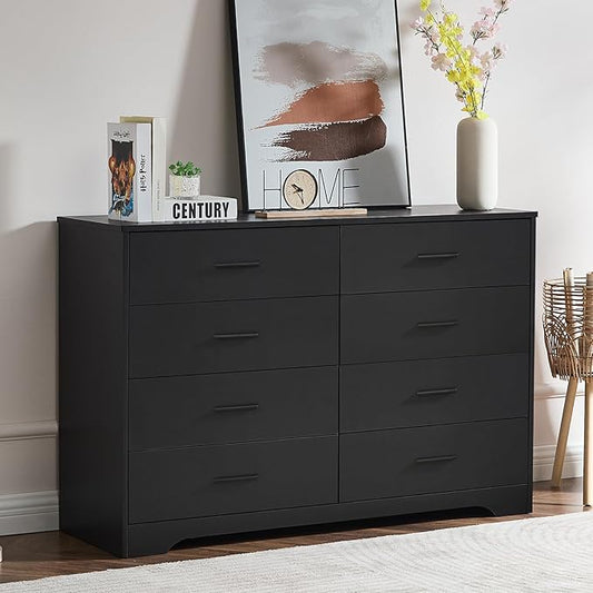 LIDYUK Dresser for Bedroom, Wood Dresser with 8 Drawers, Modern Minimalist Dressers & Chests of Drawers, 48 Inches Wide Chest of Drawers for Bedroom, Hallway, Living Room, Black