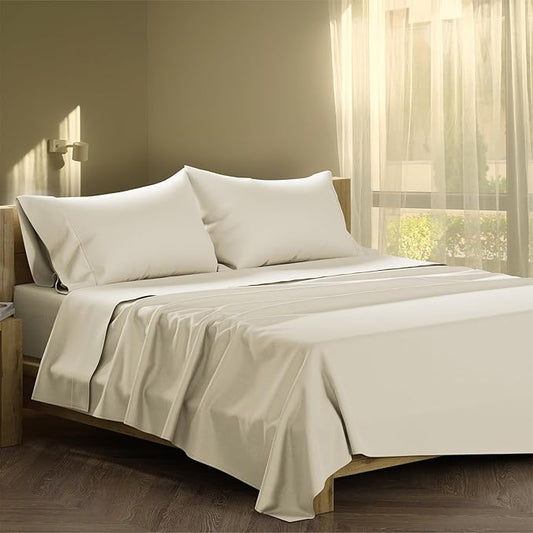 XOOX Linen 100% Cotton Full Size Bed Sheet Set - 500 Thread Count 4 PC Cotton Sheets for Full Bed, Soft, Cooling Sheets Full Size, Luxury Hotel Sheets, Fits Upto 18" Deep Pocket Mattress (Ivory)