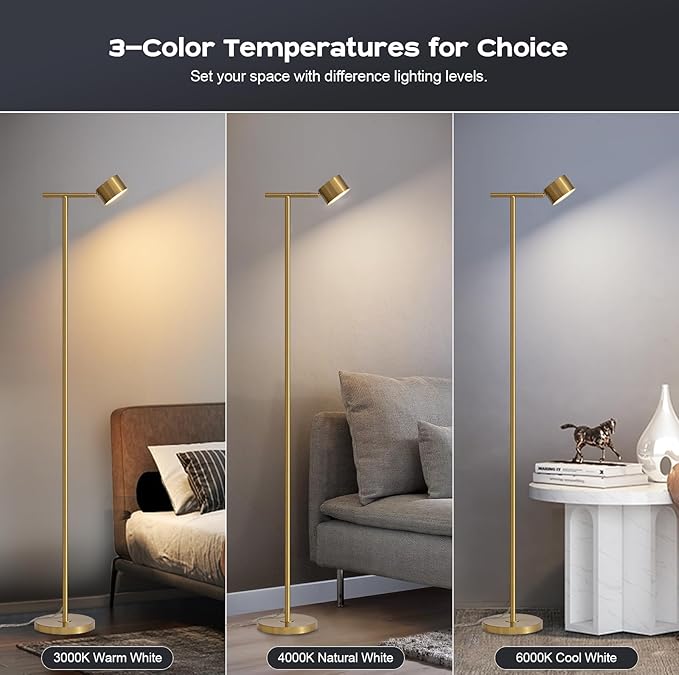 Floor Lamp for Bedroom, 3 Color Temperatures Minimalist Floor Lamp with Flexible Lamp Cap, Modern Gold Floor Lamps for Living Room Bright, Simple Standing Lamp for Office Reading Working