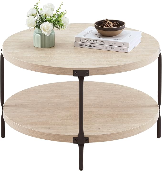 Round Boho Wood Coffee Table - 29.1" Farmhouse Natural Circle Wooden 2-Tier Coffee Tables Living Room Furniture, 29.1" D x 18.3" H, Warm Stone