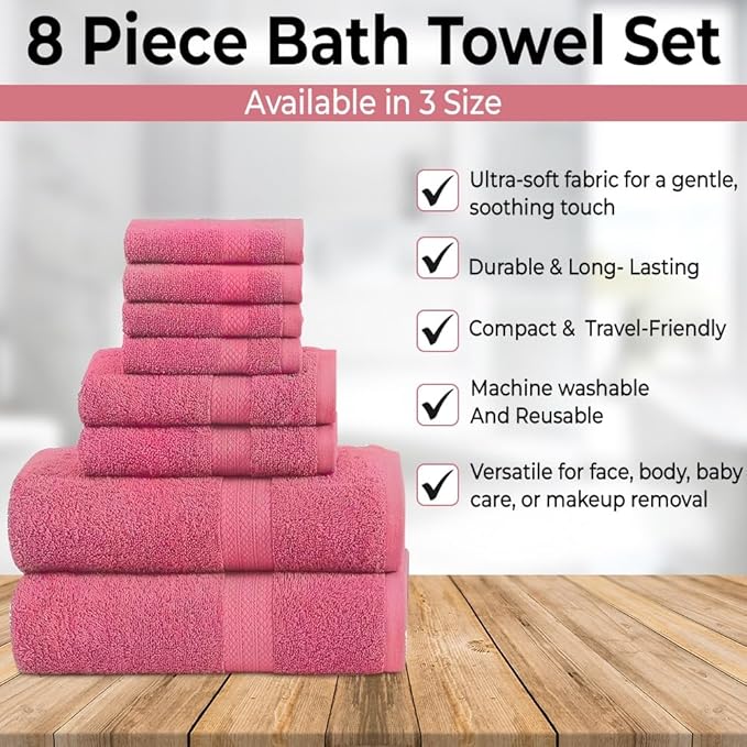 Pack of 8 Towels Set, 2 Large Bath Towels, 2 Hand Towels, 4 Wash Cloths, 100% Cotton, Lighter Weight, Quicker to Dry, Super Absorbent, Perfect for Bathroom (Pink)