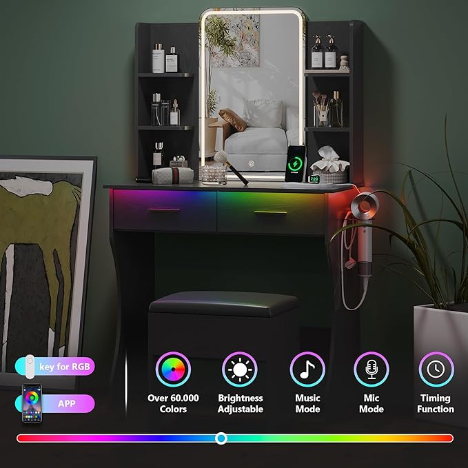 Small Vanity Desk with Mirror and Lights, Makeup Vanity with LED Lights, Black Vanity Mirror with Lighted Desk and Chair, 3 Lighting Adjustable Compact Dressing Table with Mirror for Women, Girls