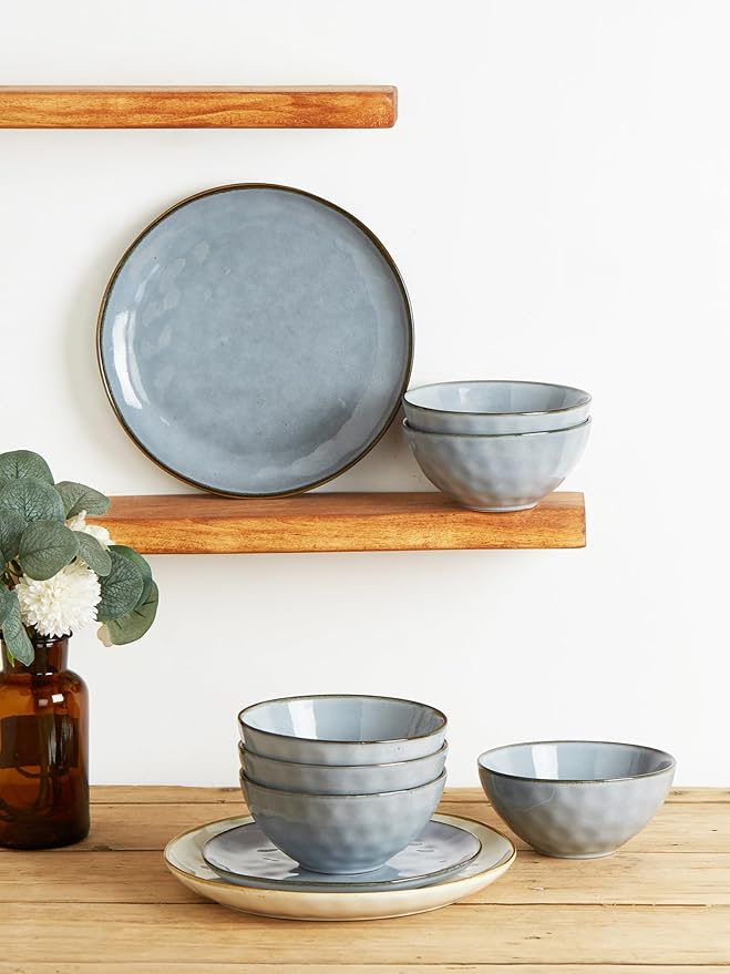 Famiware Dinnerware Sets for 8, Ocean Round 24-Piece Kitchen Plates and Bowls Sets, Reactive Glaze, Microwave and Dishwasher Safe, Scratch Resistant, Blue