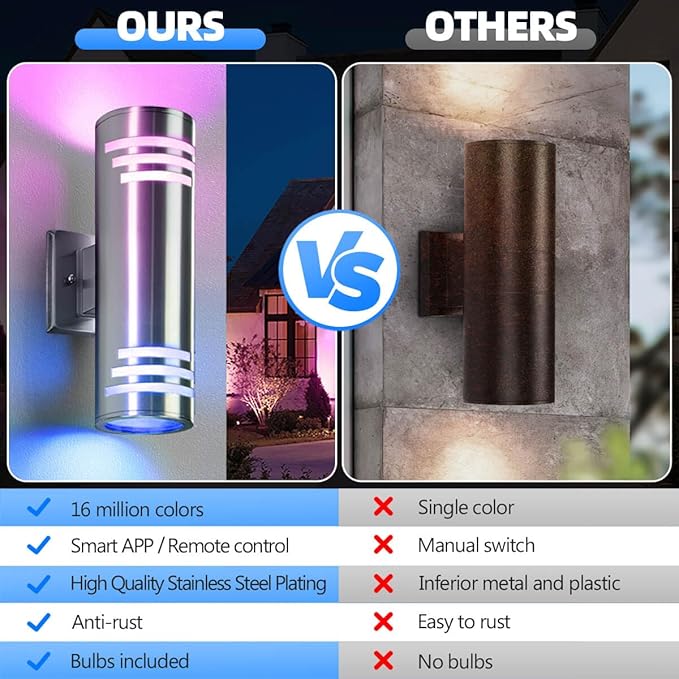 SHIMR Smart Outdoor Wall Lights RGBCW, Modern Color Changing Outdoor Sconce Cylinder Stainless Steel Exterior Light Fixture with Remote, Up and Down Outside Lights for House Home Theater Lighting