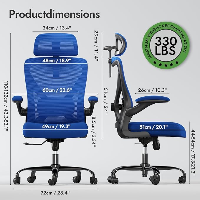 Ergonomic Office Chair - X-Shaped Computer Desk Chair Comfy, Gaming Chair, Office Chair with Lumbar Support, Mesh Office Chairs with Headrests, Desk Chair for Long Hours (Black Blue)