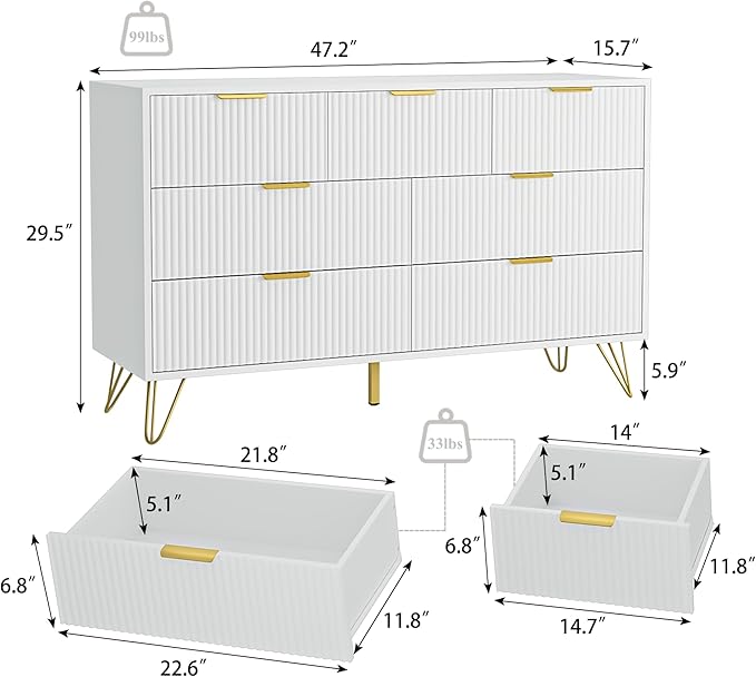 White Dresser for Bedroom, 7 Drawers Dresser with Golden Handles, Modern Wood Chest for Living Room, Hallway, Entryway