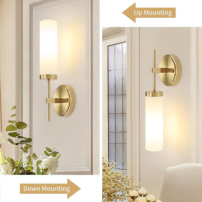 Gold Wall Sconces, Modern Bathroom Vanity Light Fixtures, Sconces Wall Decor Set of 2, Wall Lamps with Frosted Glass, Indoor Wall Lights for Bedroom Living Room Hallway