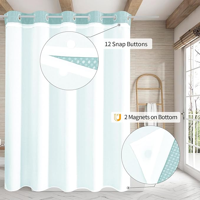MitoVilla Teal No Hooks Needed Waffle Shower Curtain with Snap-in Liner, Turquoise Modern Waffle Weave Heavy Fabric Cloth Shower Curtain for Aqua Luxury Neutral Hotel Spa Bathroom Decor, 72 x 74